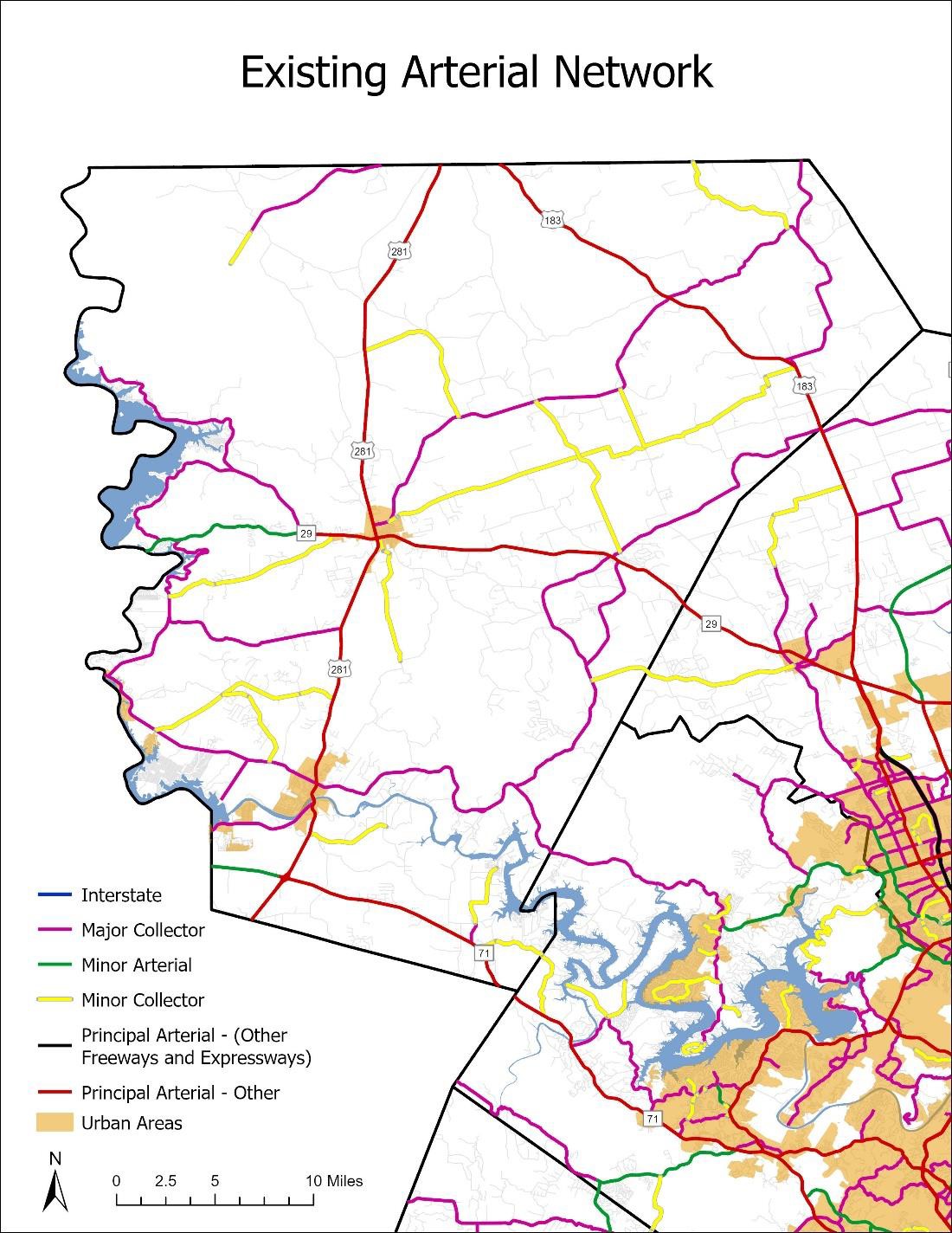 Existing arterial network map based on TxDOT functional classification