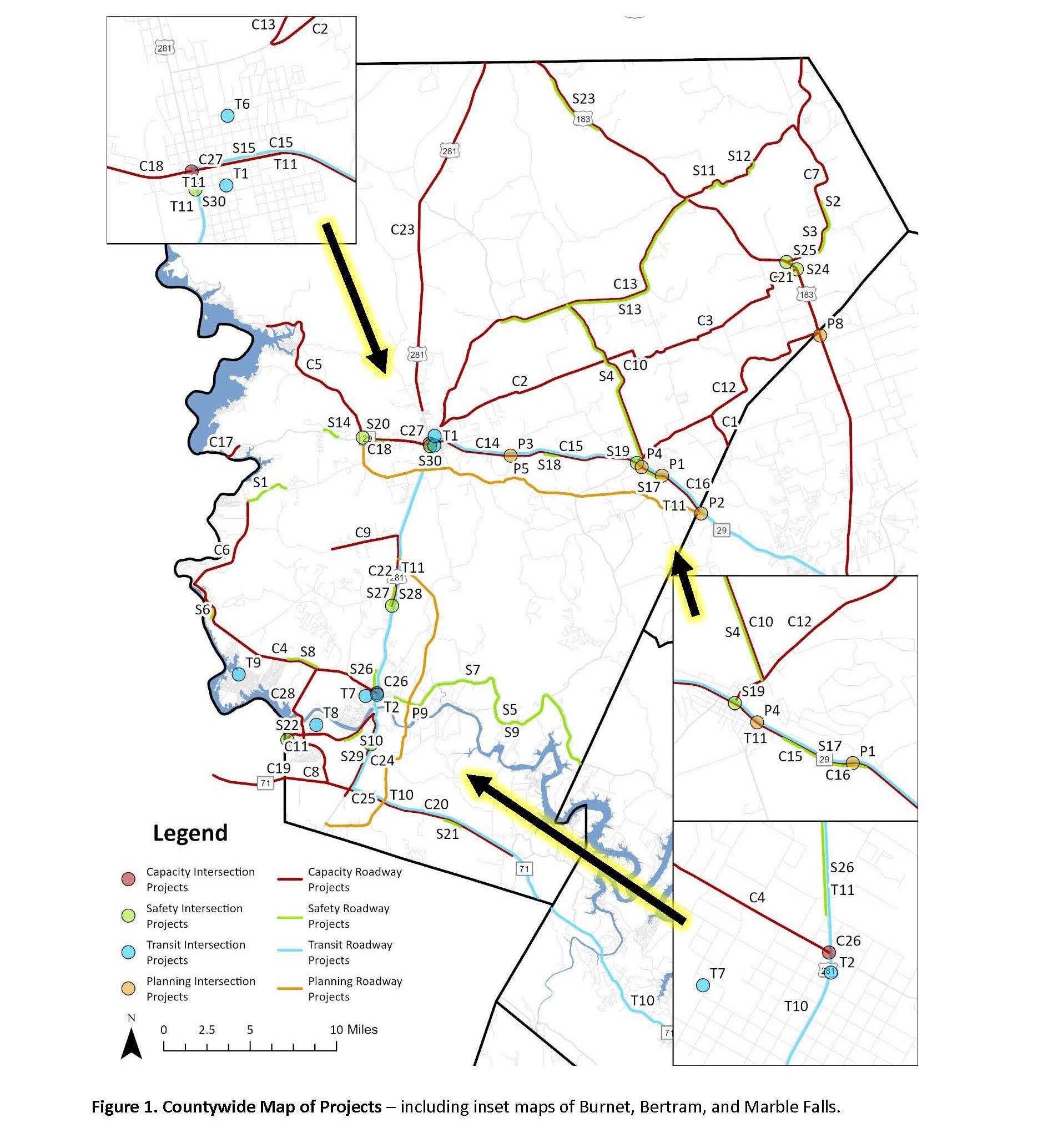 Countywide map of all draft transportation projects, with inset maps of Burnet, Bertram, and Marble Falls