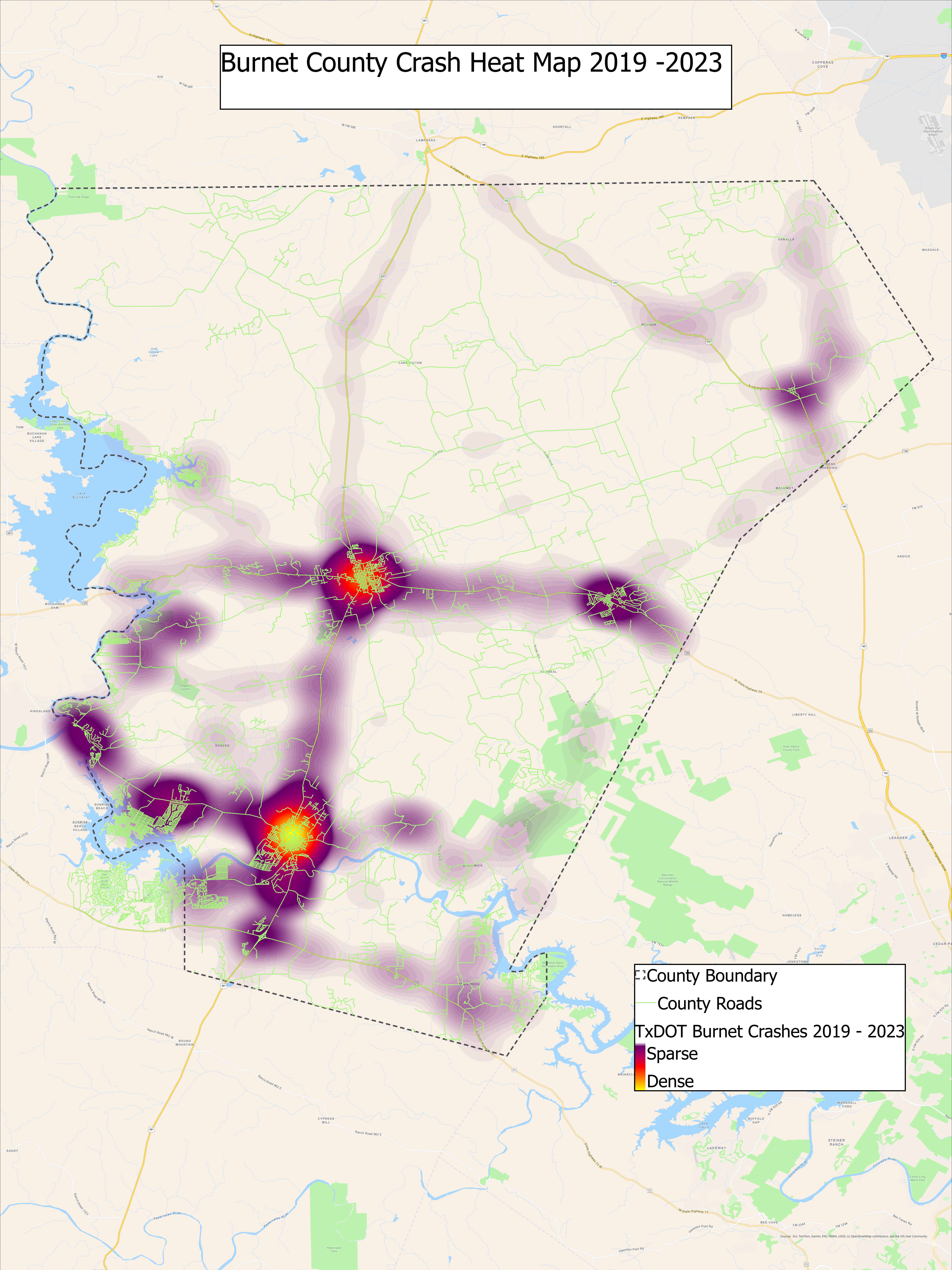 Heatmap of crash density across Burnet County from 2013 to 2024