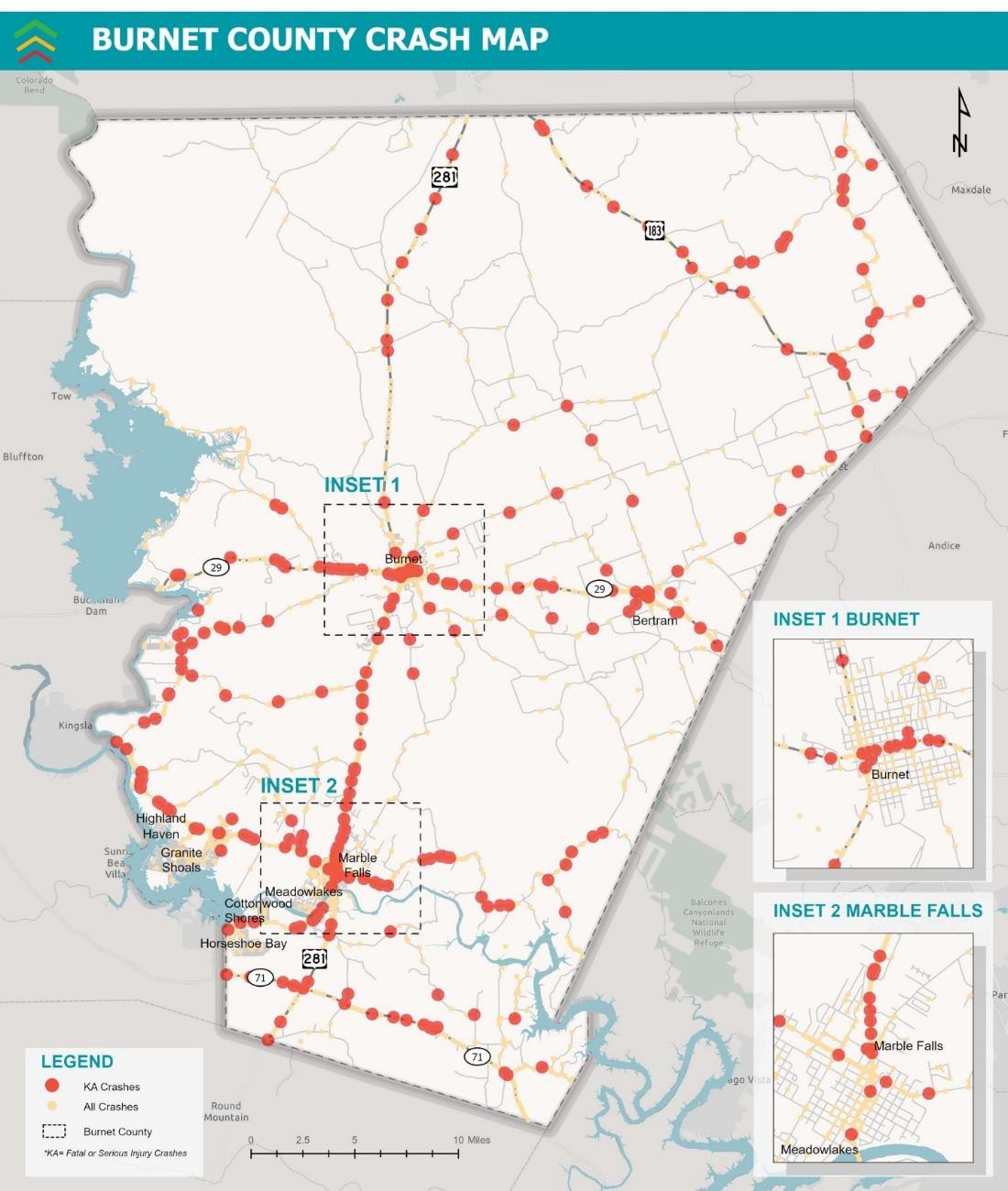 Map of KABCO-classified crashes in Burnet County from 2019 to 2023
